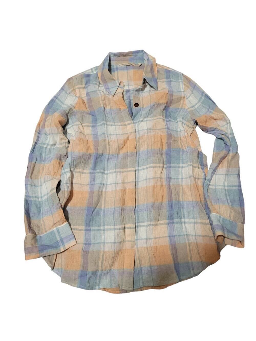 Soft Surroundings 100% Linen Plaid Button Up Shirt Peach Blue Women's M